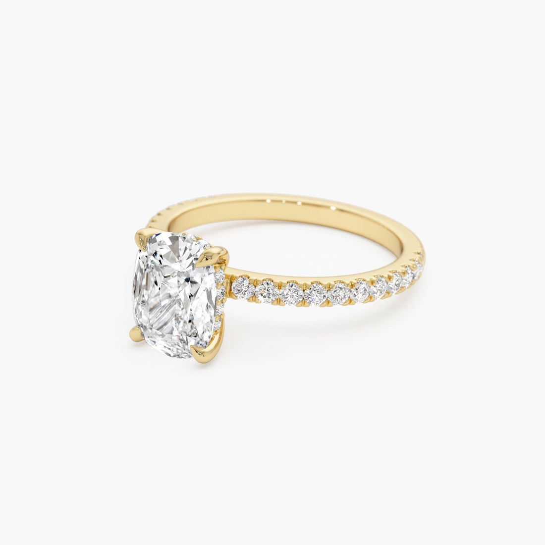 Elogated Cushion Cut Diamond Pavé Set WIth Hidden Halo Ring