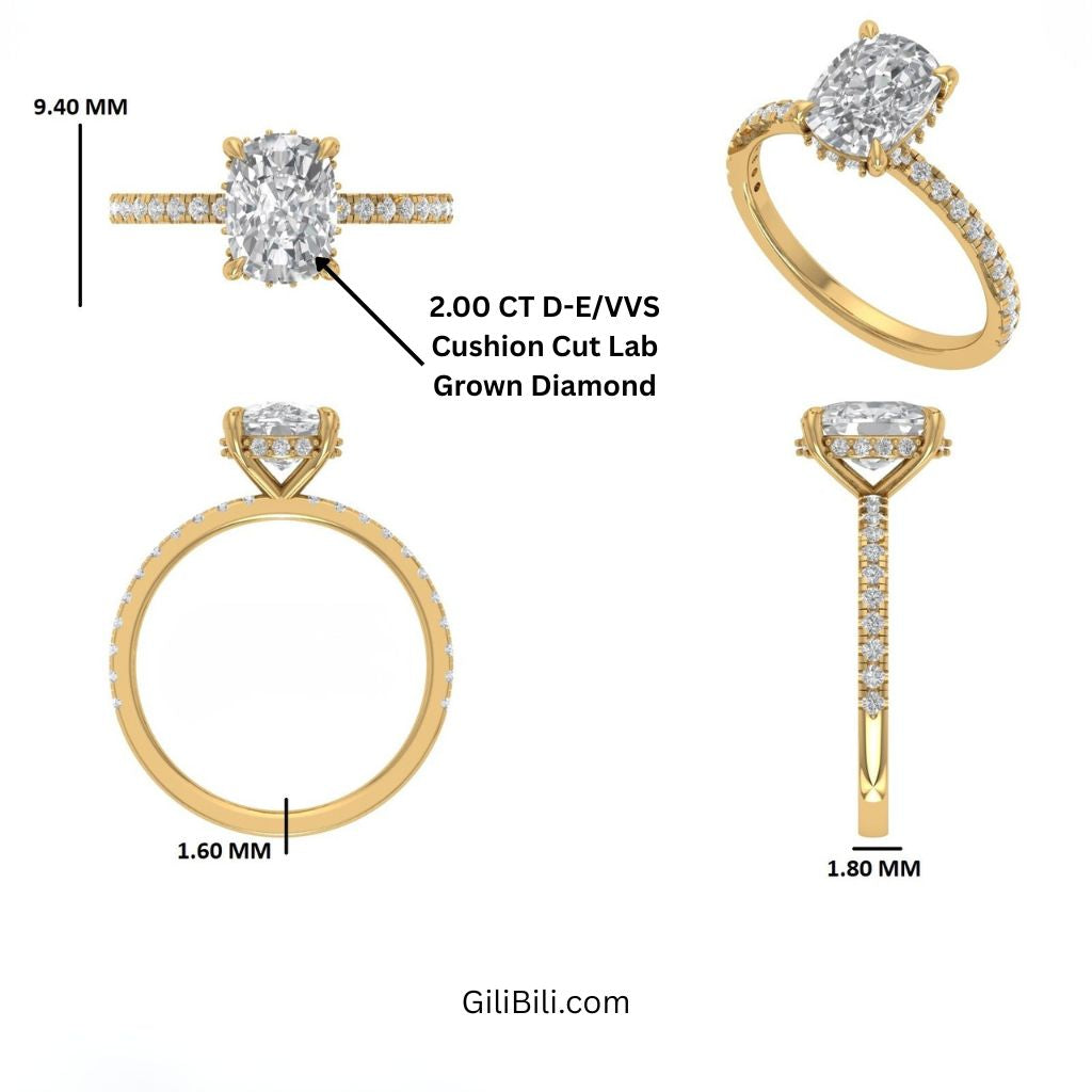 Elogated Cushion Cut Diamond Pavé Set WIth Hidden Halo Ring