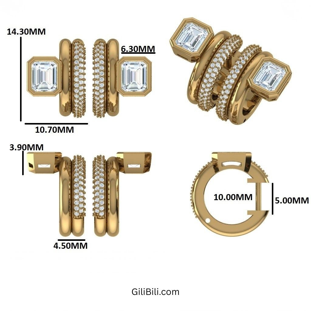 Emerald Cut Diamond Pave Huggie Earrings