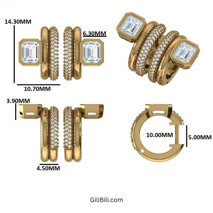 Emerald Cut Diamond Pave Huggie Earrings