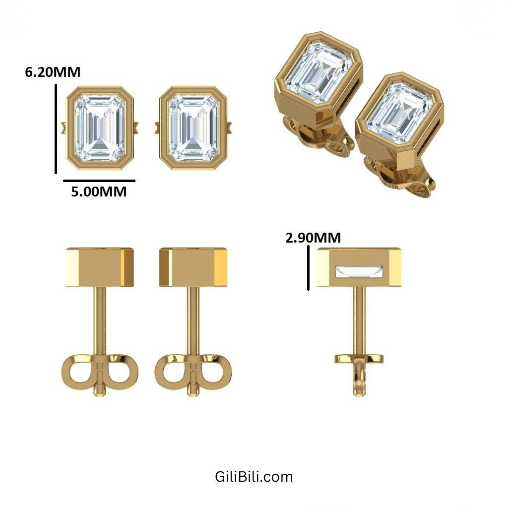 Emerald Cut Lab Grown Diamond Bezel Set Studs