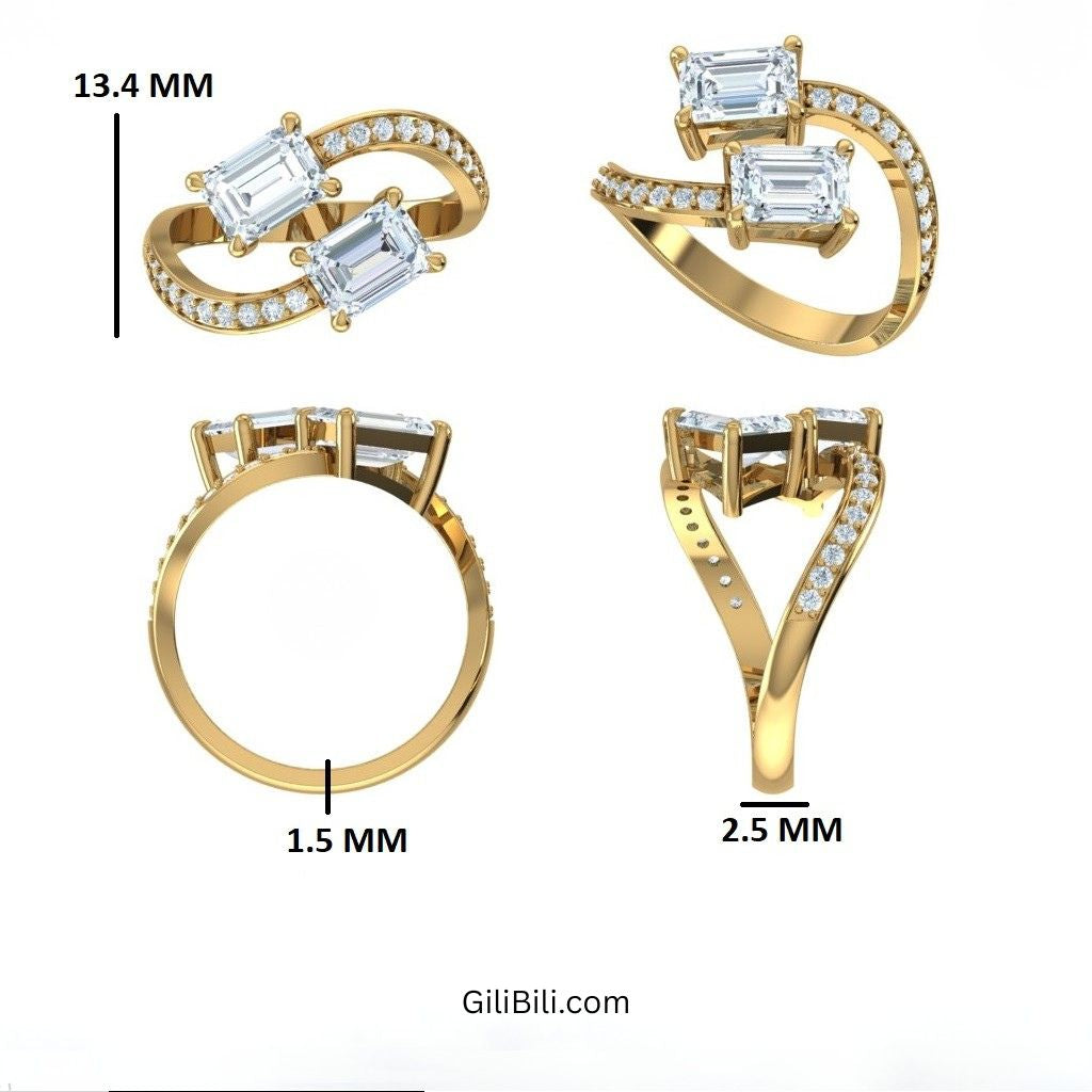 Emerald Cut Lab Grown Diamond Uniqe Pave Bypass Ring