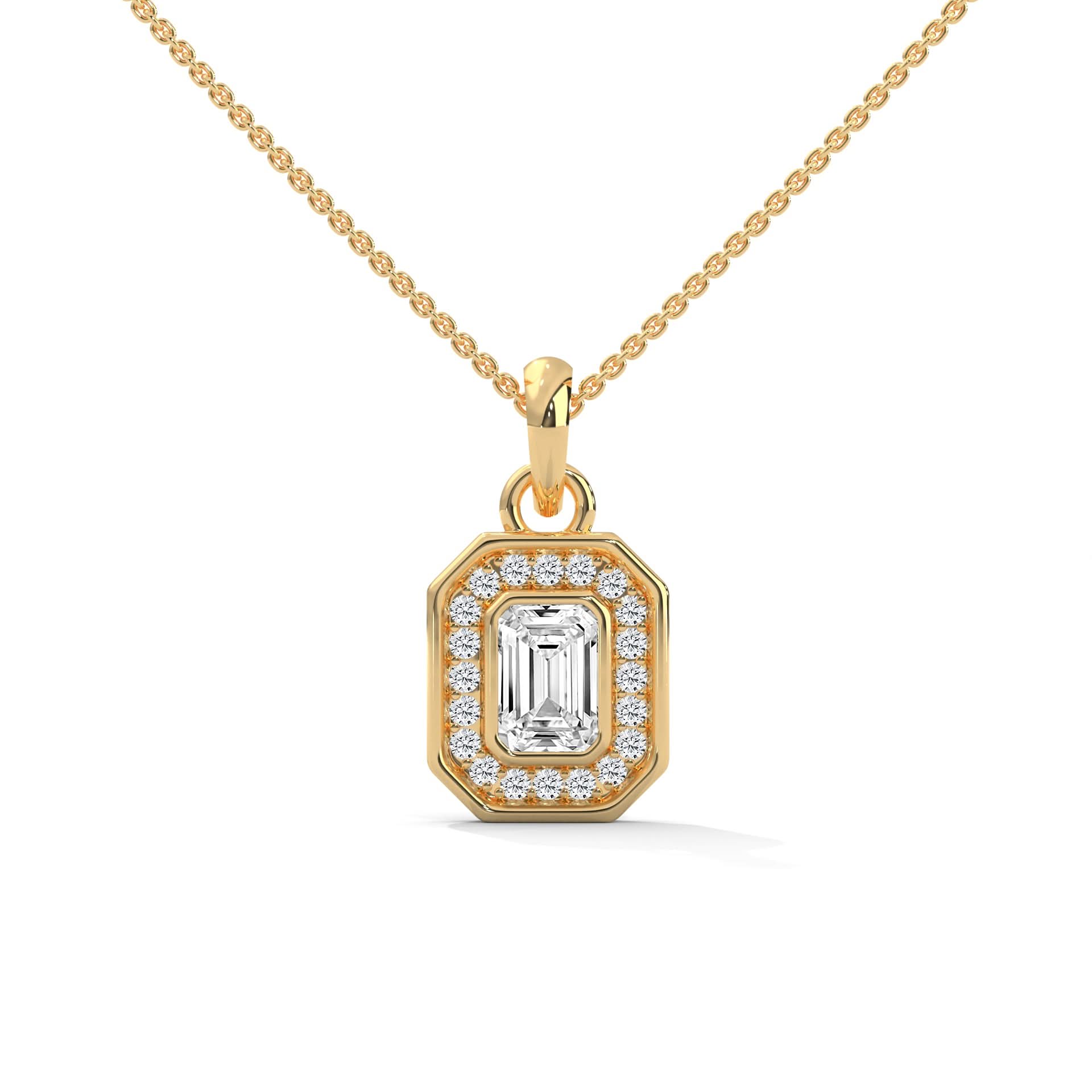 Gold pendant necklace with a central diamond on a white background