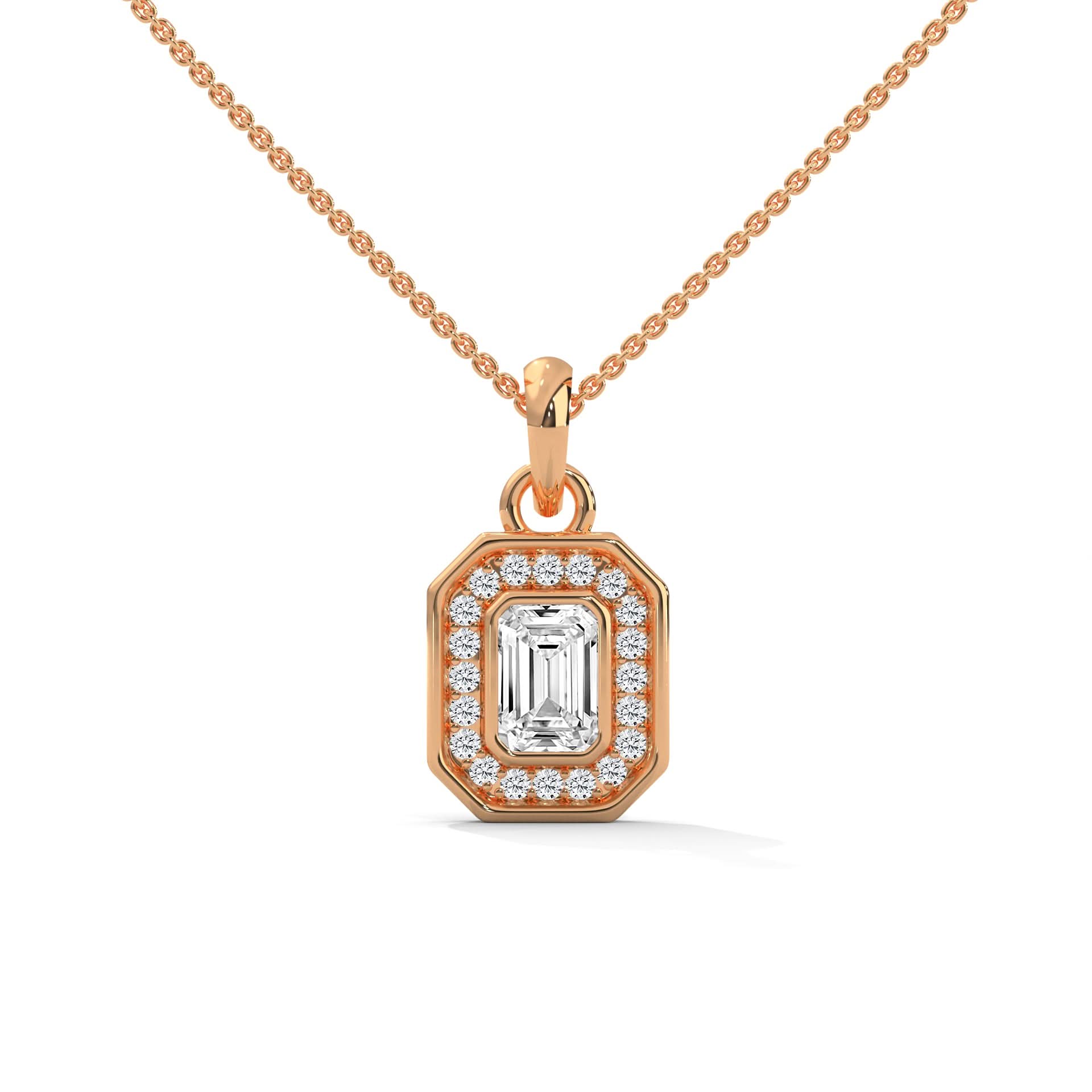 Rose gold pendant with emerald-cut diamond on a white background