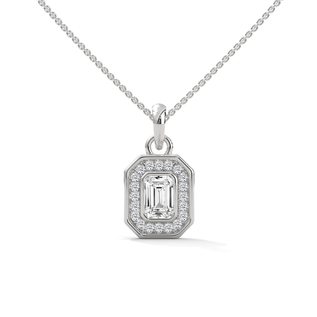 Diamond pendant necklace on a white background