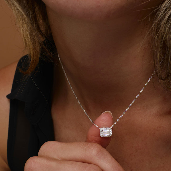 Emerald Cut Halo Setting Lab Grown Diamond Necklace