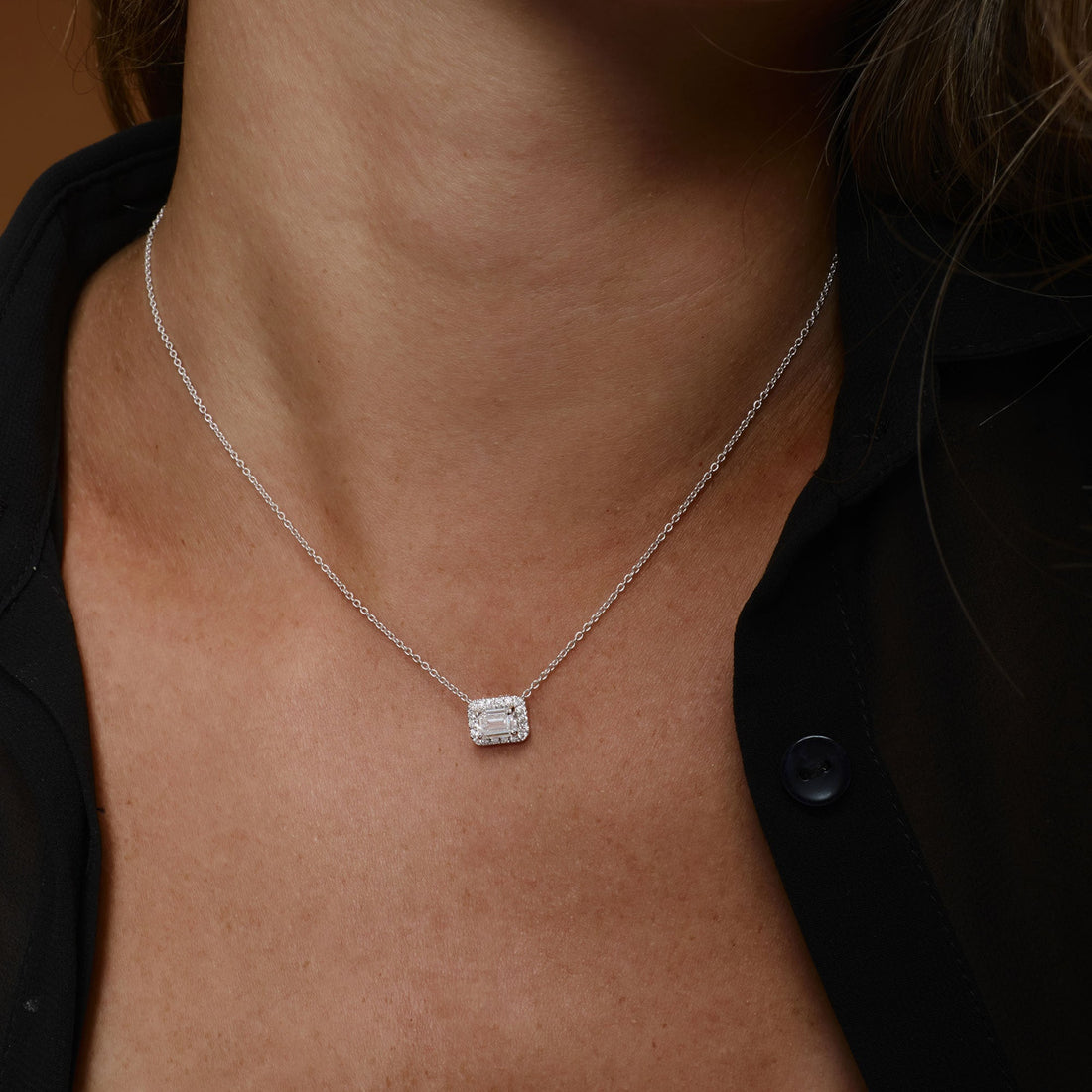 Emerald Cut Halo Setting Lab Grown Diamond Necklace