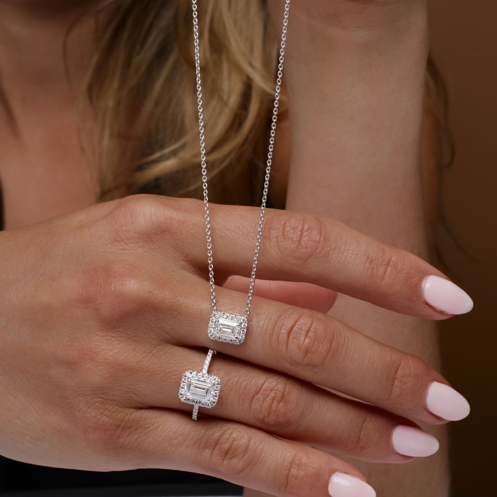 Emerald Cut Halo Setting Lab Grown Diamond Necklace