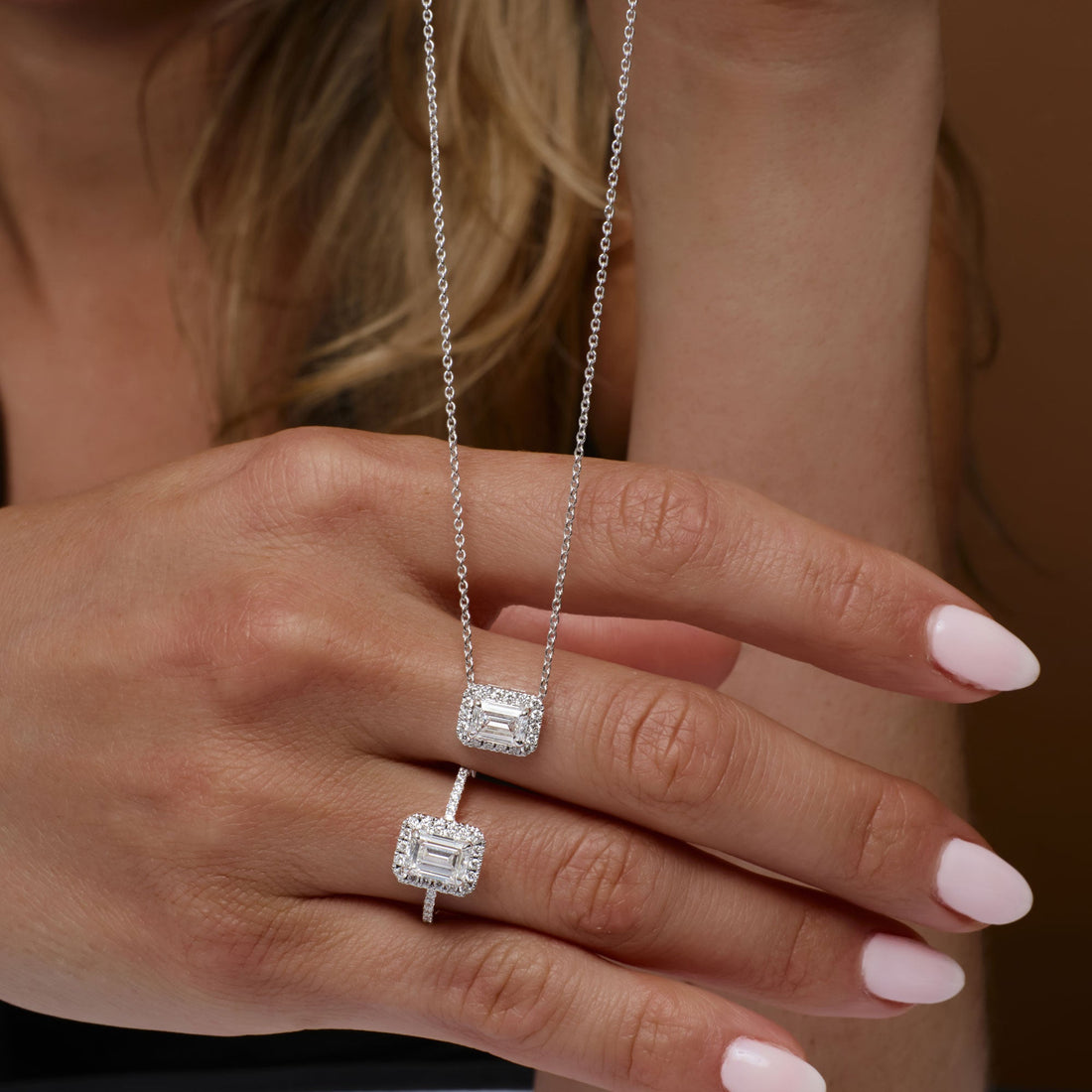 Emerald Cut Halo Setting Lab Grown Diamond Necklace