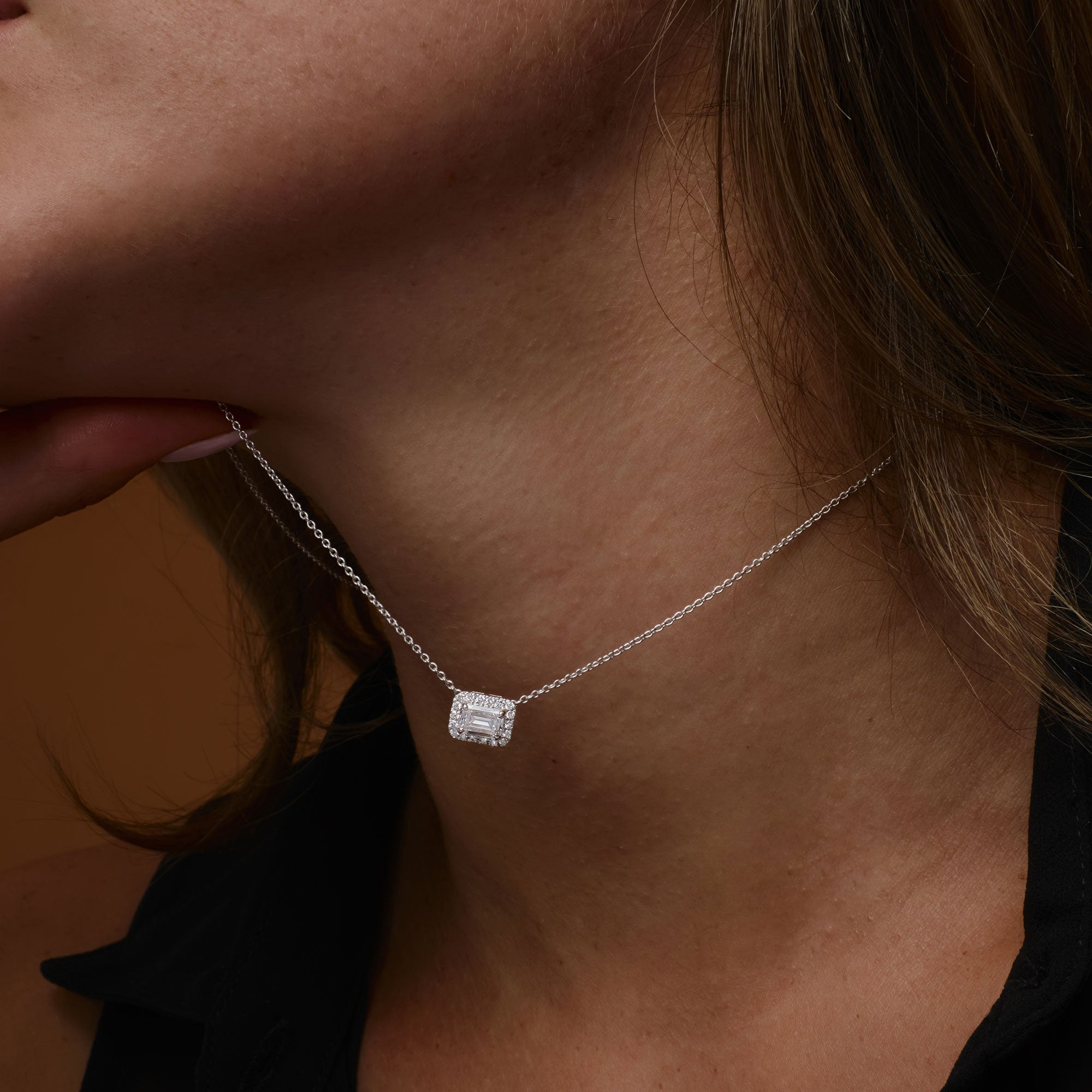 Emerald Cut Halo Setting Lab Grown Diamond Necklace