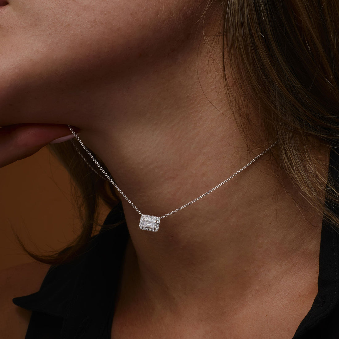 Emerald Cut Halo Setting Lab Grown Diamond Necklace