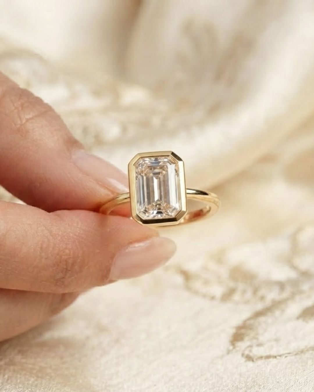 Emerald Cut Lab Grown Diamond Bezel Set Engagement Ring