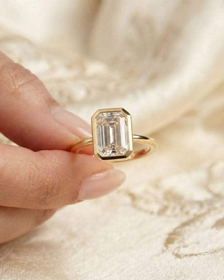 Emerald Cut Lab Grown Diamond Bezel Set Engagement Ring