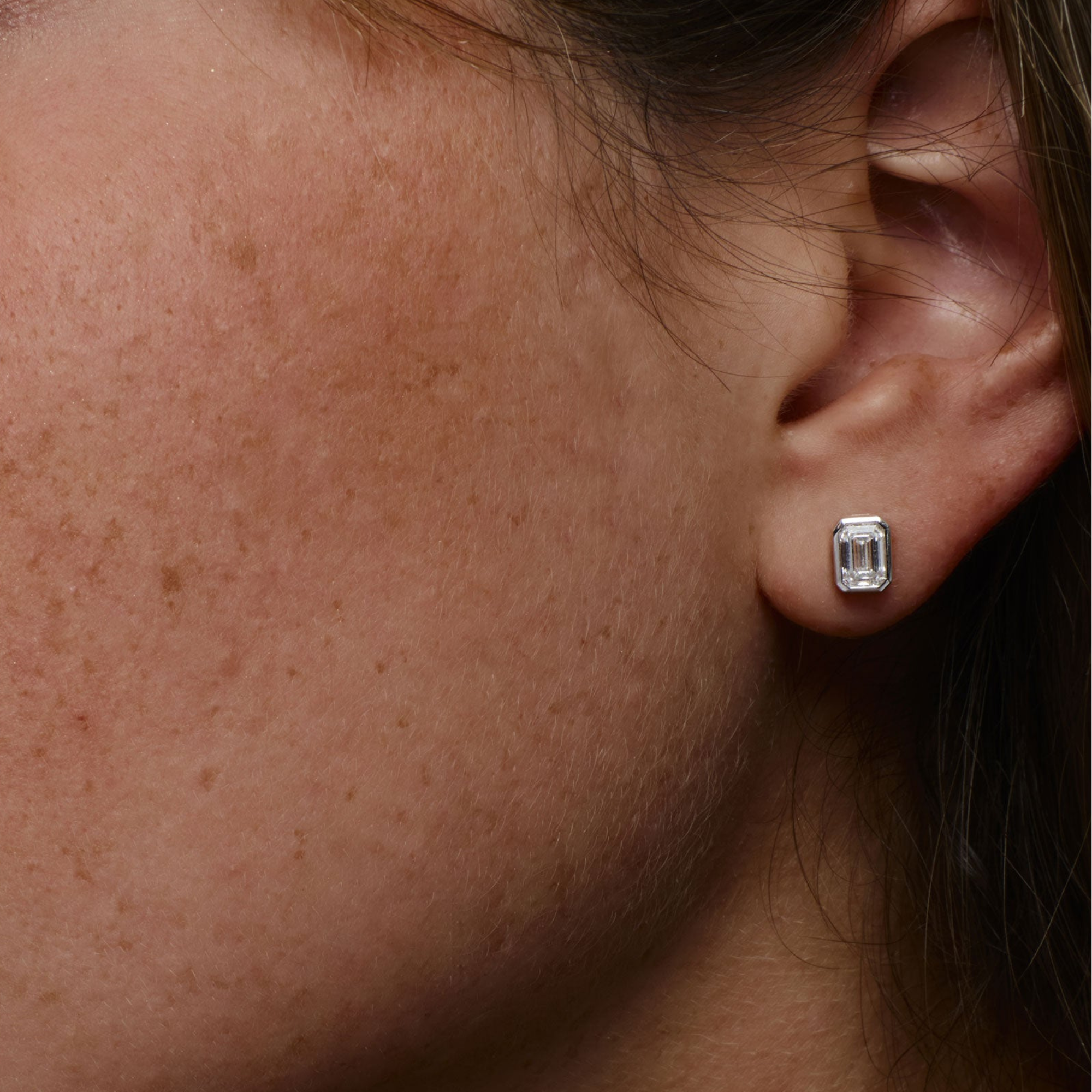 Emerald Cut Lab Grown Diamond Bezel Set Studs