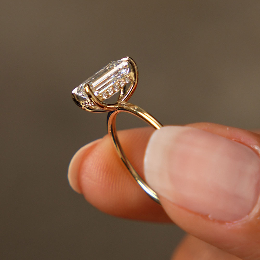 Emerald Cut Lab Grown Diamond Hidden Halo Engagement Ring