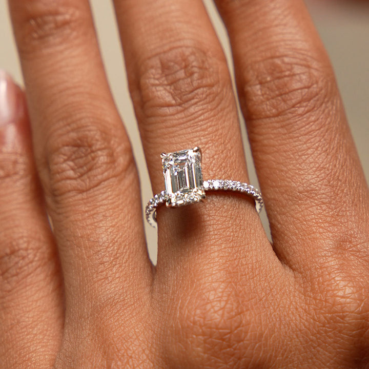 Emerald Cut Lab Grown Diamond Pavé Setting with Hidden Halo