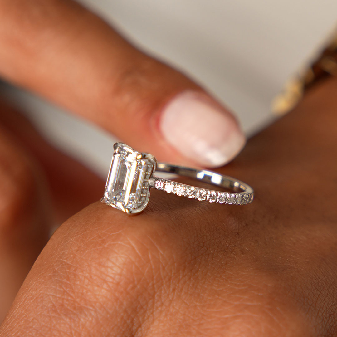 Emerald Cut Lab Grown Diamond Pavé Setting with Hidden Halo
