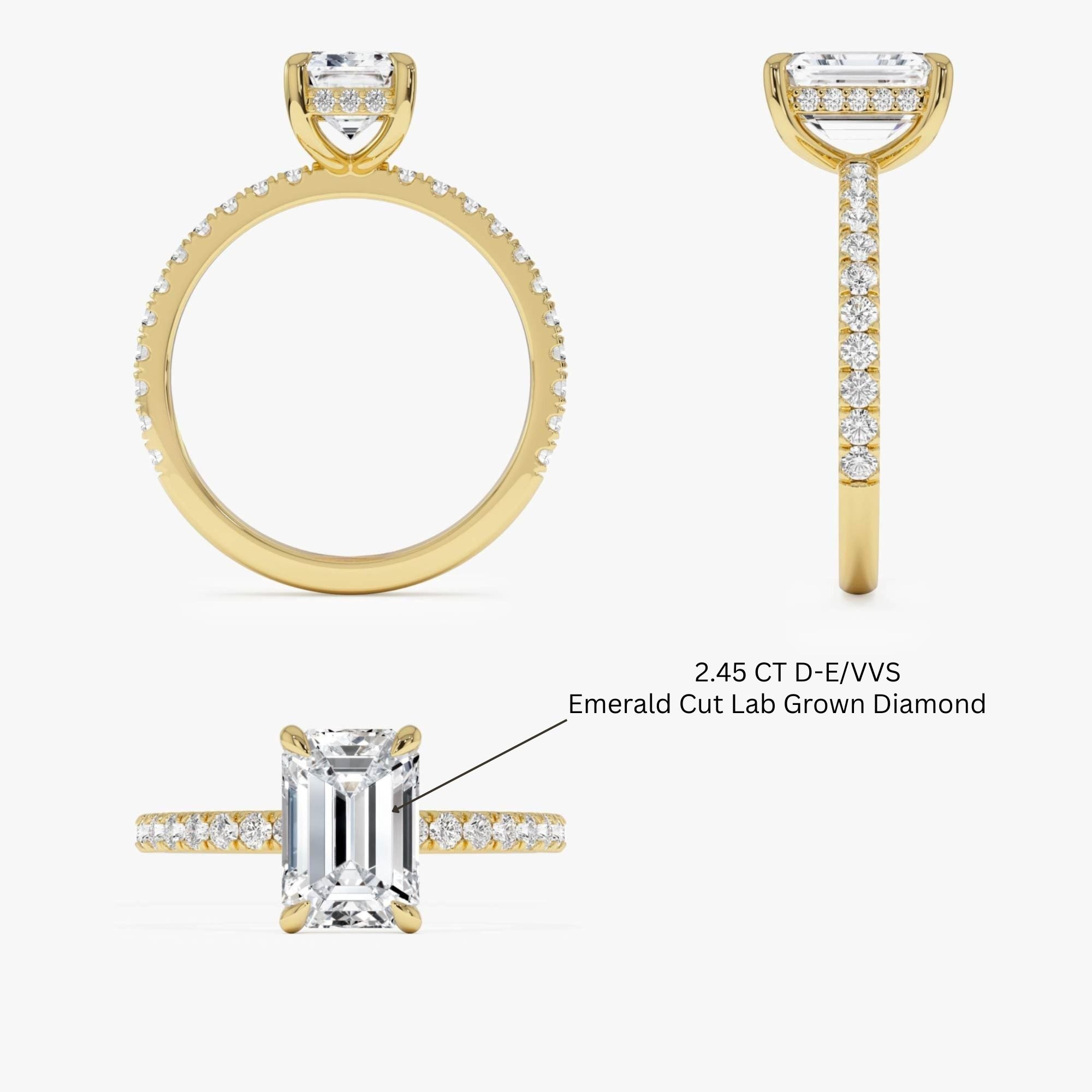 Emerald Cut Lab Grown Diamond Pavé Setting with Hidden Halo