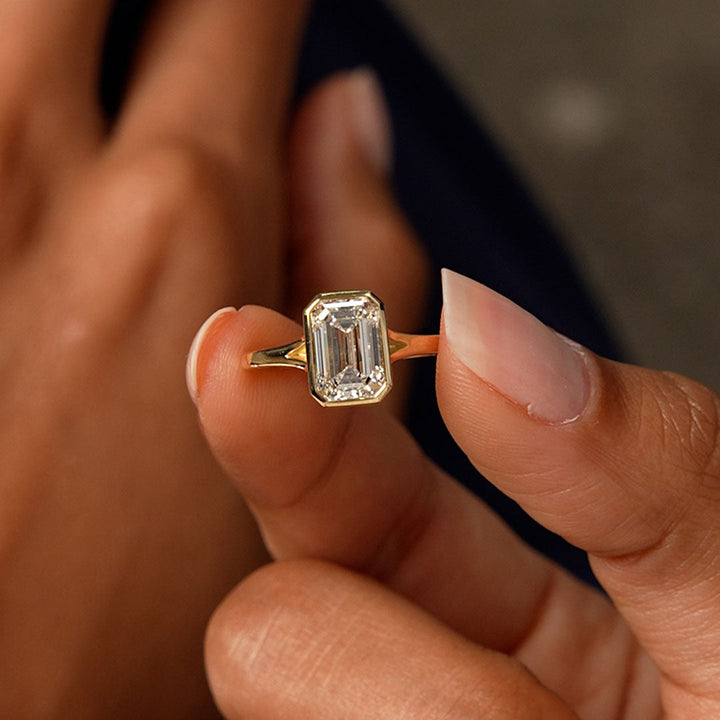 Emerald Cut Lab Grown Diamond Ring Bezel Solitaire Setting