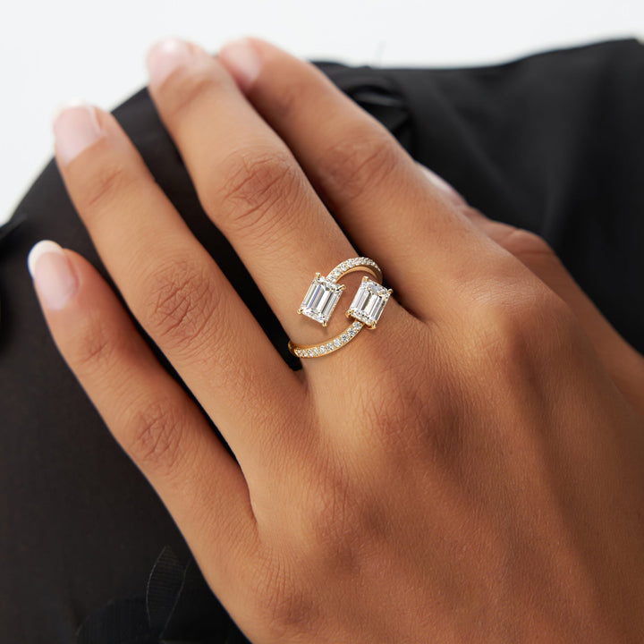 Emerald Cut Lab Grown Diamond Uniqe Pave Bypass Ring