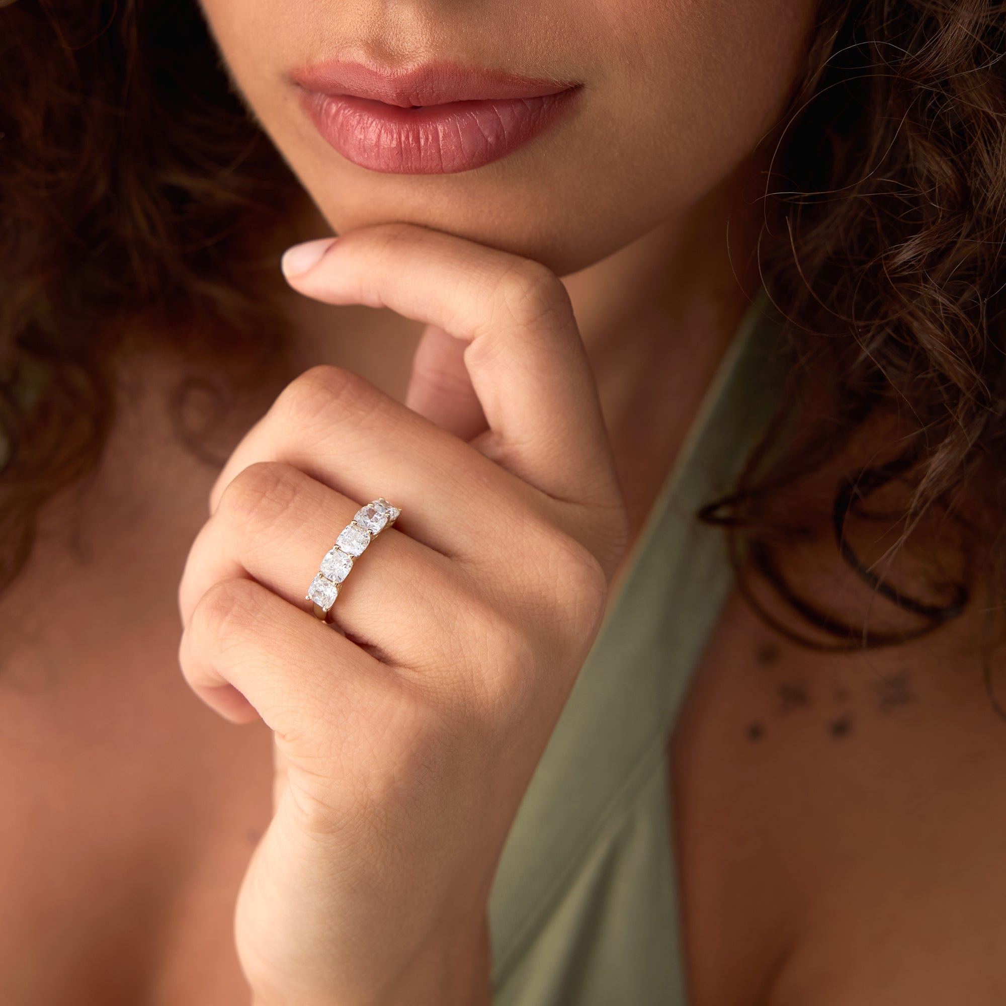 Five Stone Cushion Cut Lab Grown Diamond Anniversary Ring