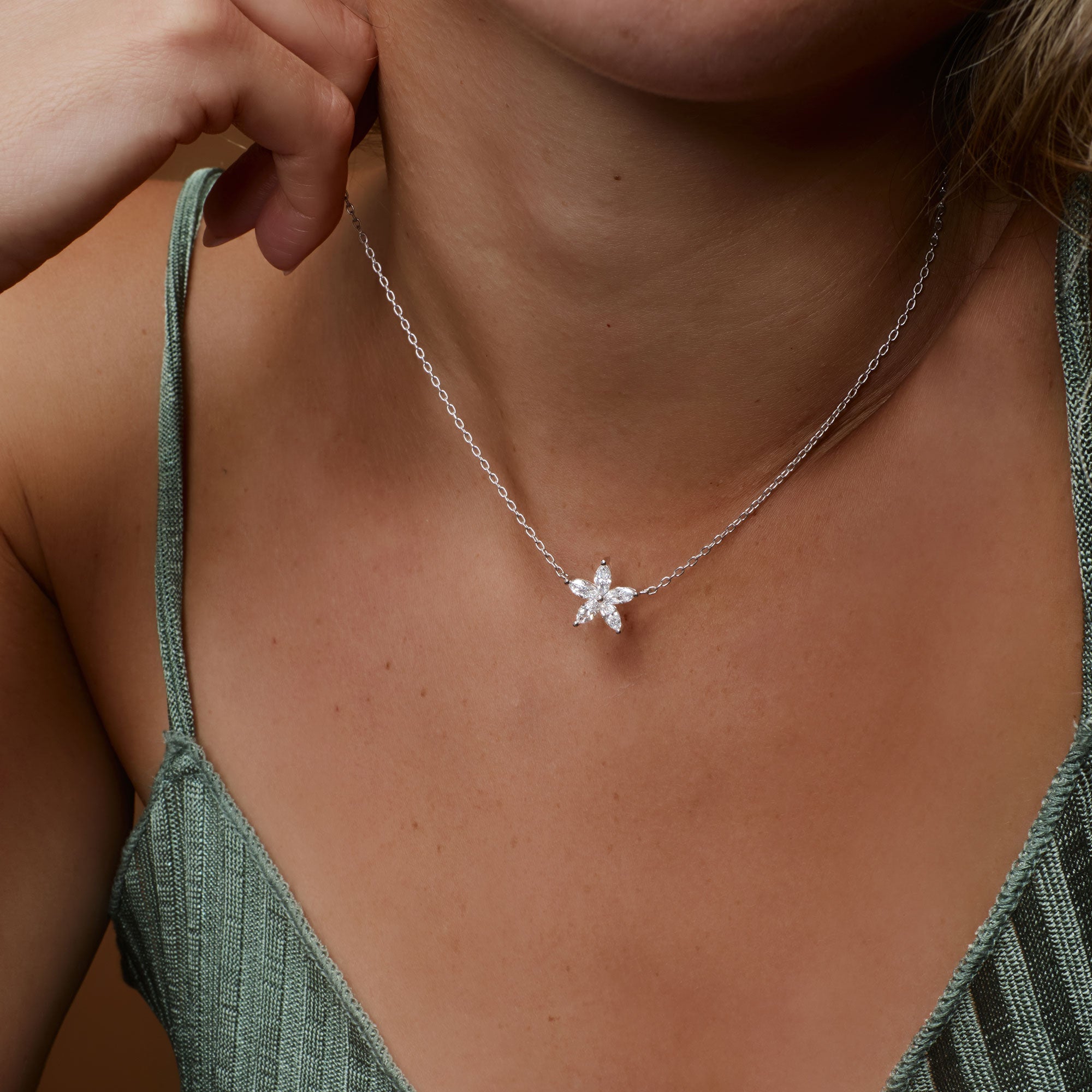 Five Stone Flower Design Marquise Shape Diamond Necklace