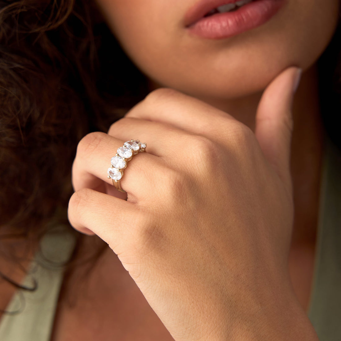 Five Stone Oval Shape Lab Grown Diamond Anniversary Ring