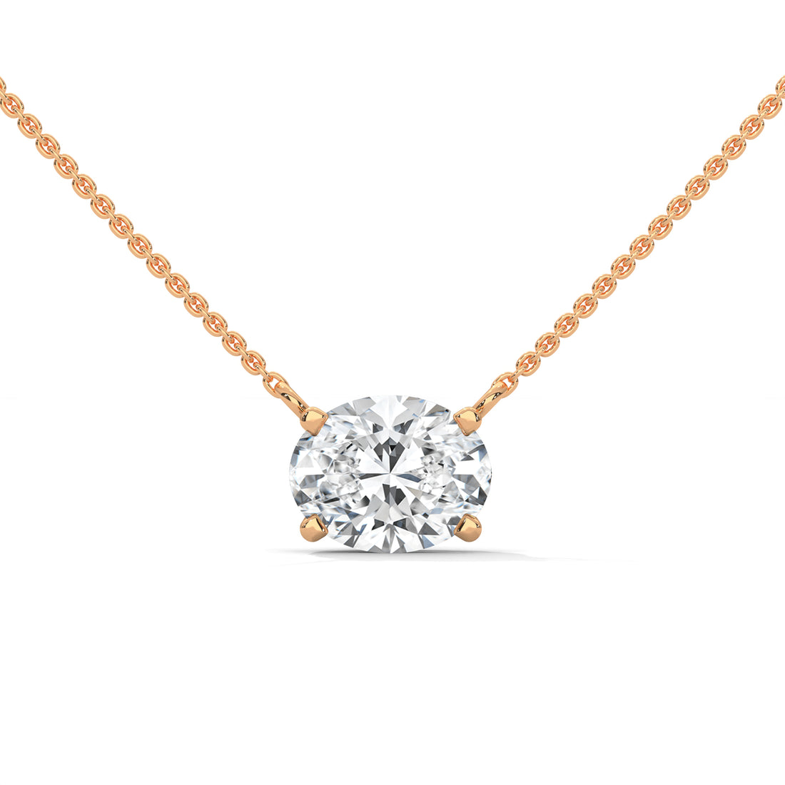 Rose gold necklace with a round diamond pendant on a white background