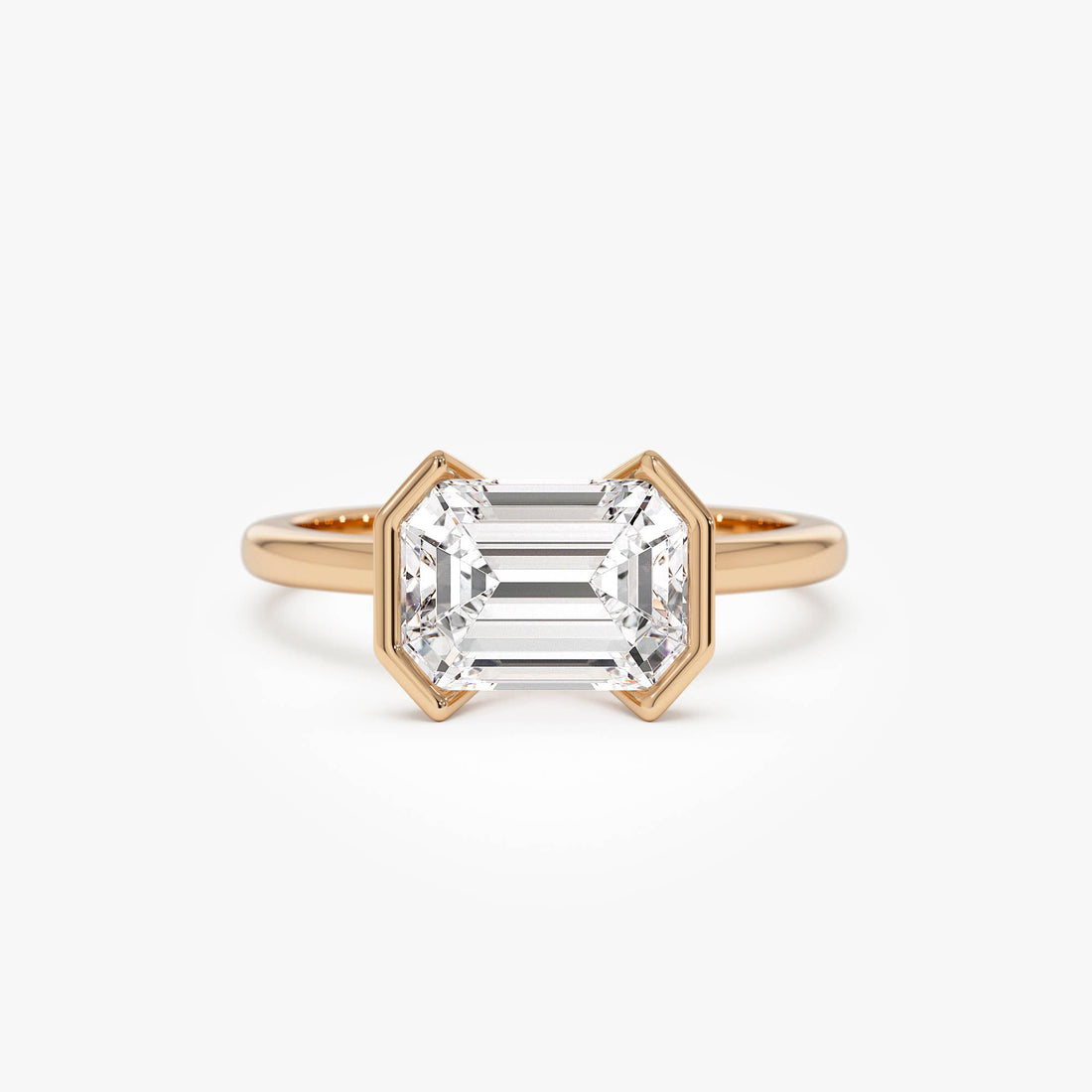 Half Bezel Set Emerald Cut Lab Grown Diamond Engagement Ring
