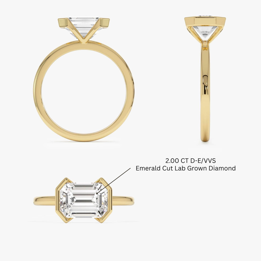 Half Bezel Set Emerald Cut Lab Grown Diamond Engagement Ring