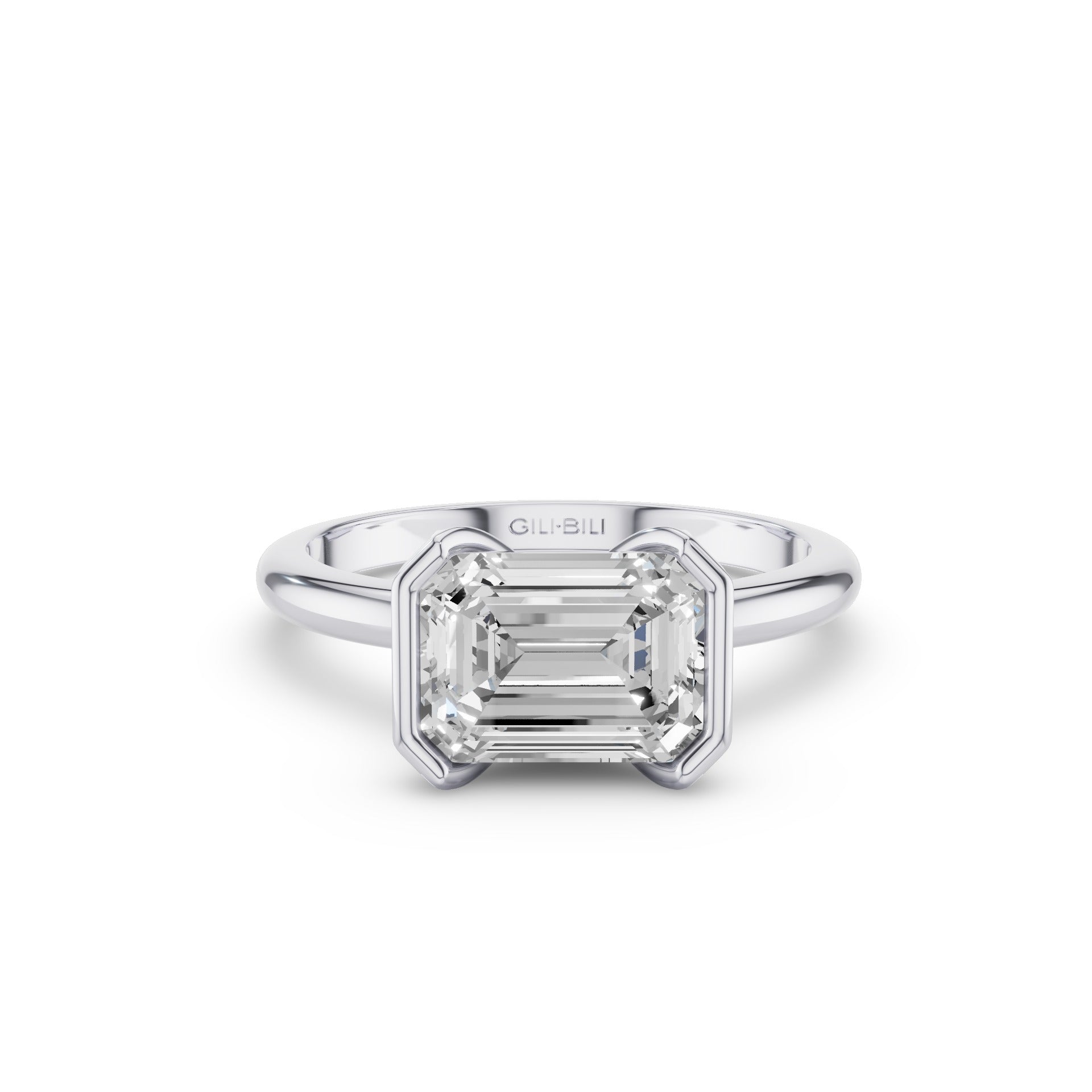 Half Bezel Set Emerald Cut Lab Grown Diamond Engagement Ring