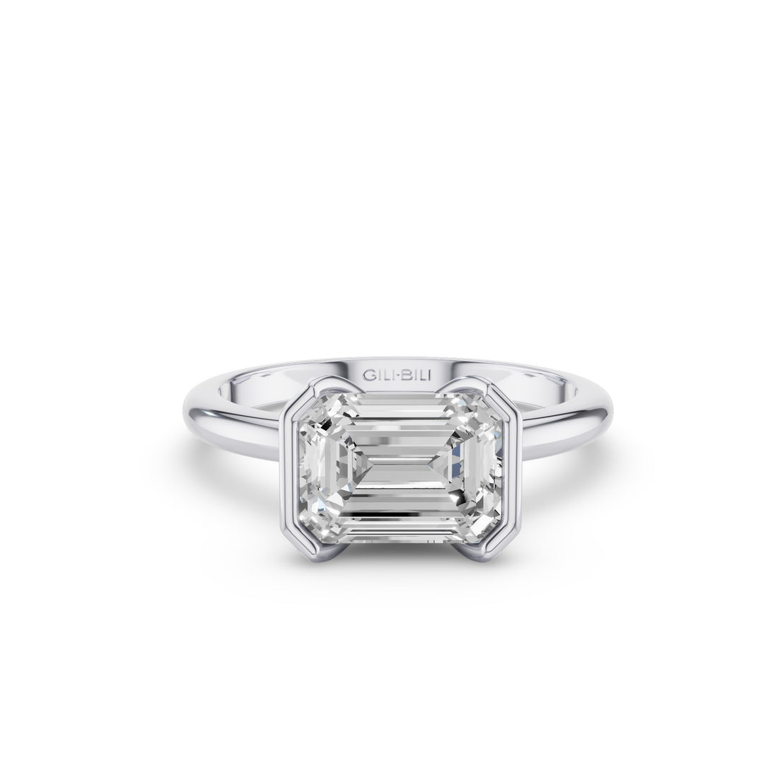 Half Bezel Set Emerald Cut Lab Grown Diamond Engagement Ring