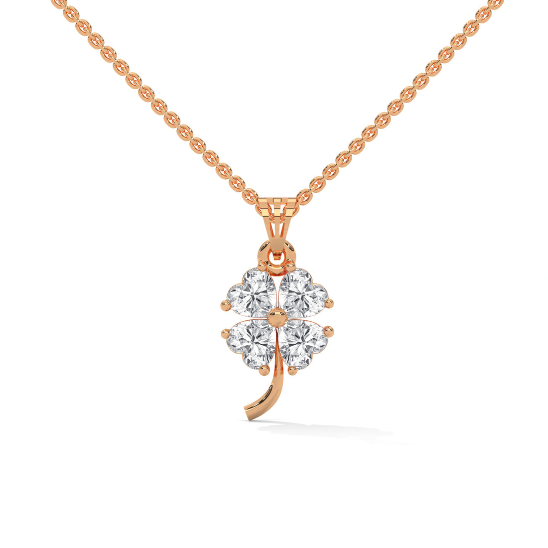 Rose gold four-leaf clover pendant necklace on a white background