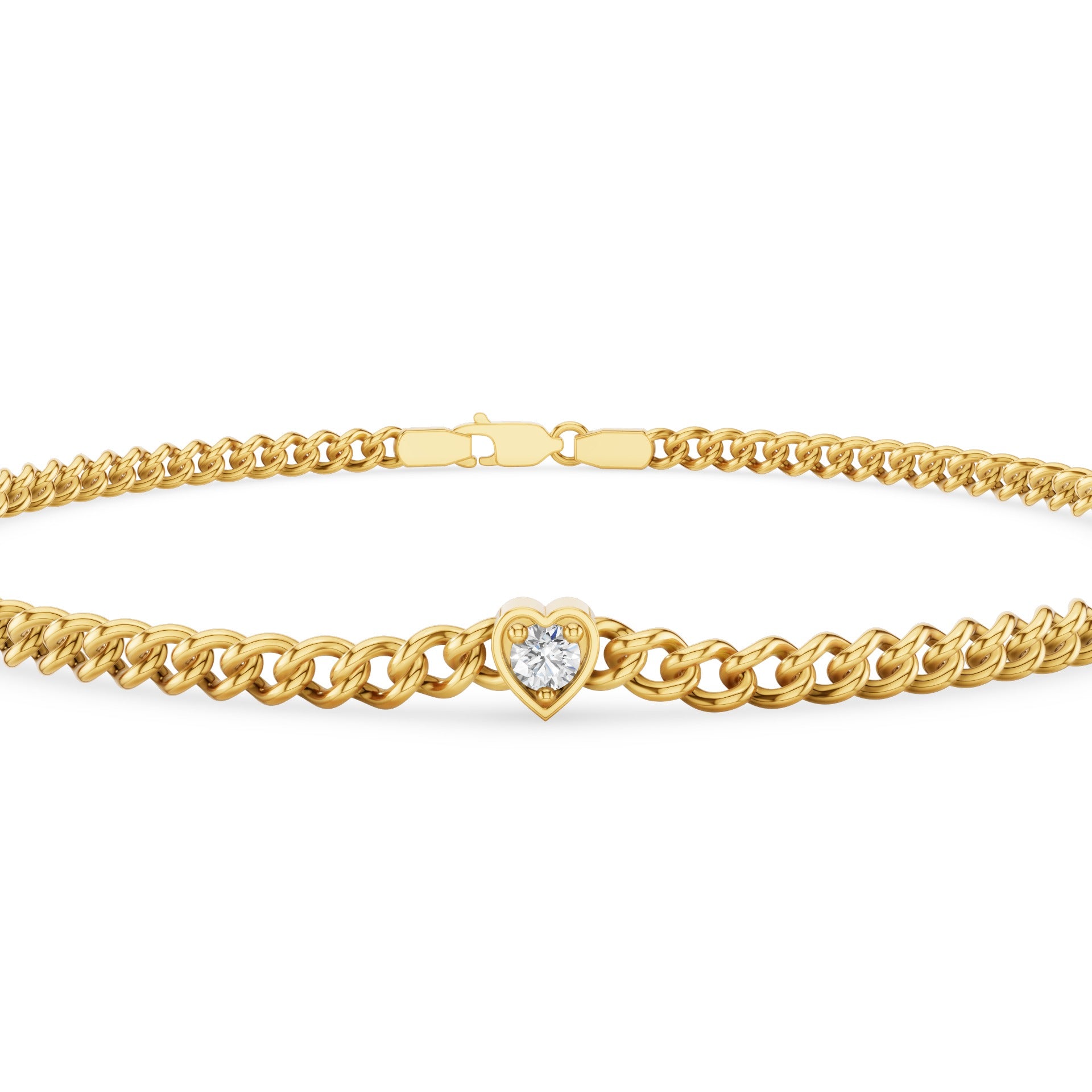 Heart Shaped Round Diamond Curb Chain Bracelet