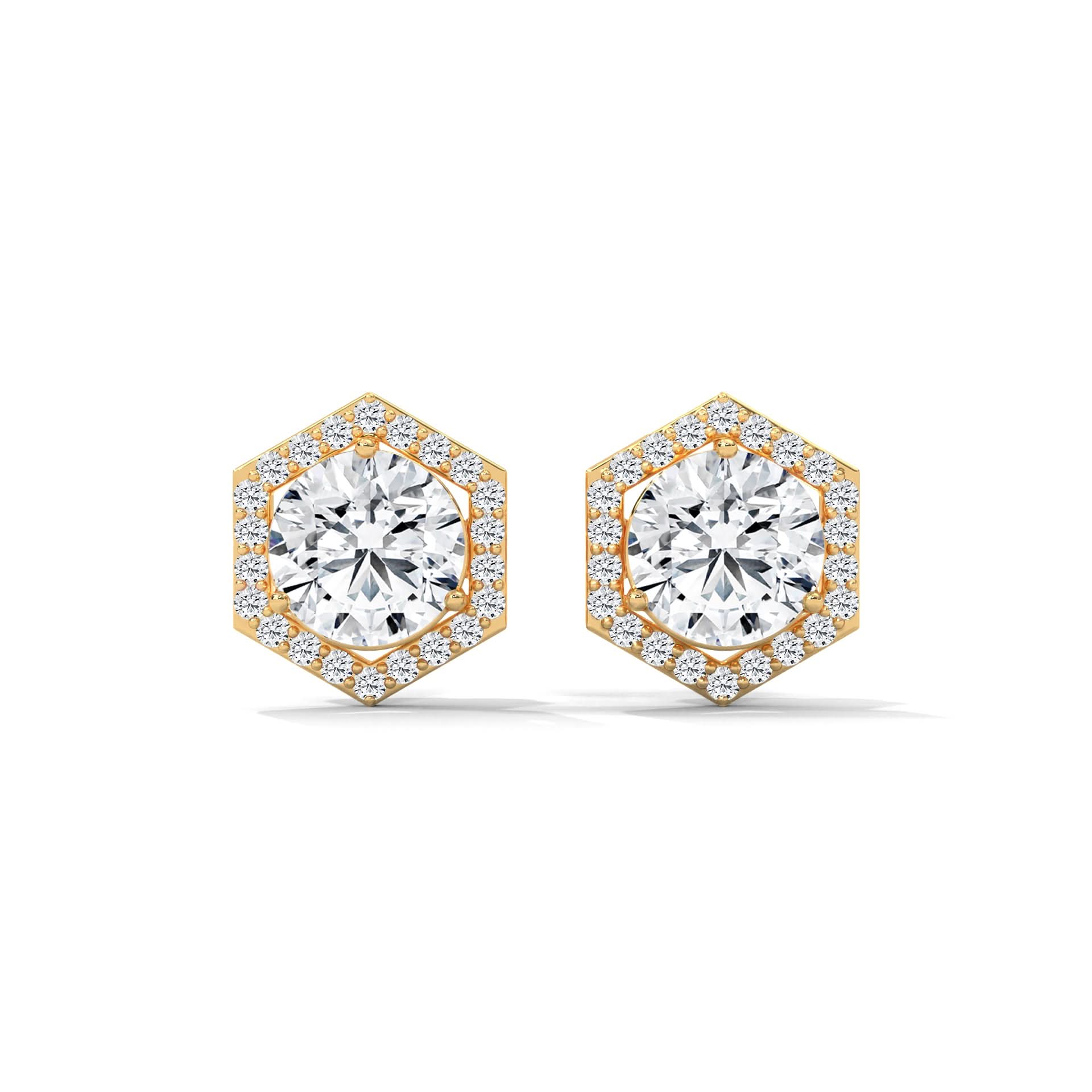Hexagonal diamond earrings on a white background