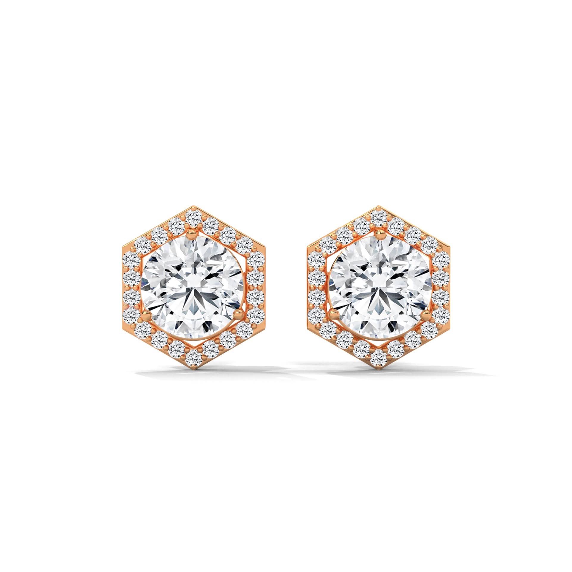 Hexagonal diamond earrings with Rose gold setting on a white background