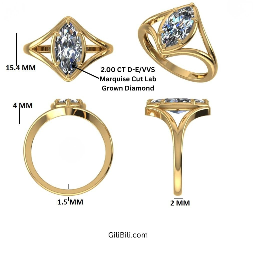 Marquise Shaped Lab Diamond Split Shank Engagement Ring