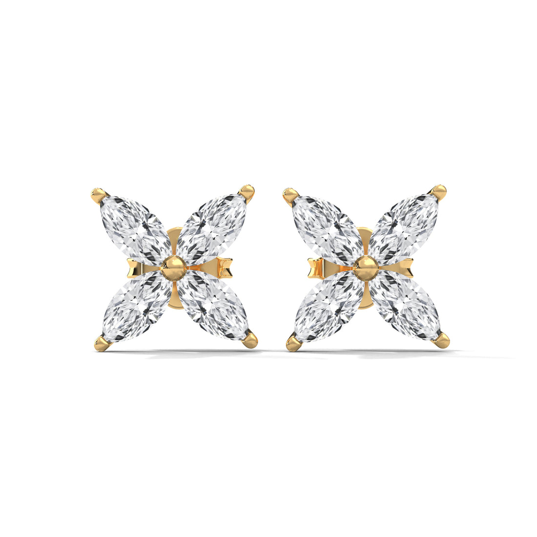 Gold butterfly-shaped earrings with clear diamond on a white background