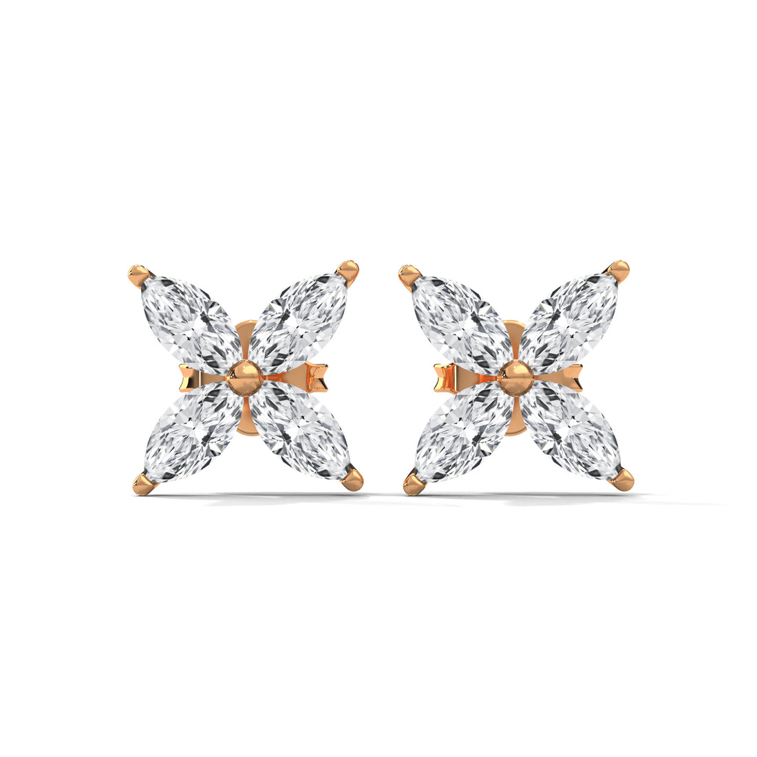 Butterfly-shaped earrings with rose gold setting and clear Diamond on a white background