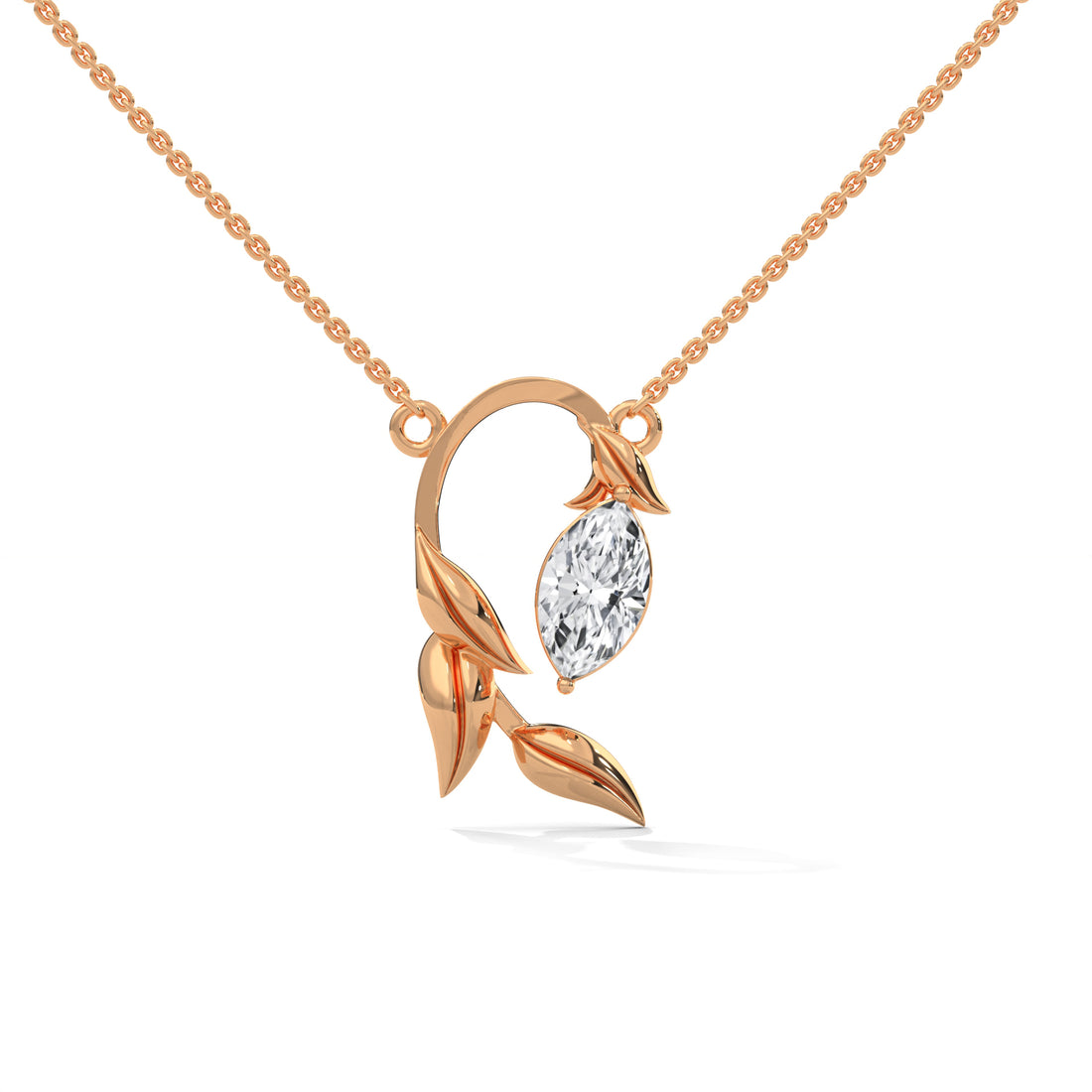 Rose gold necklace with a diamond pendant on a white background