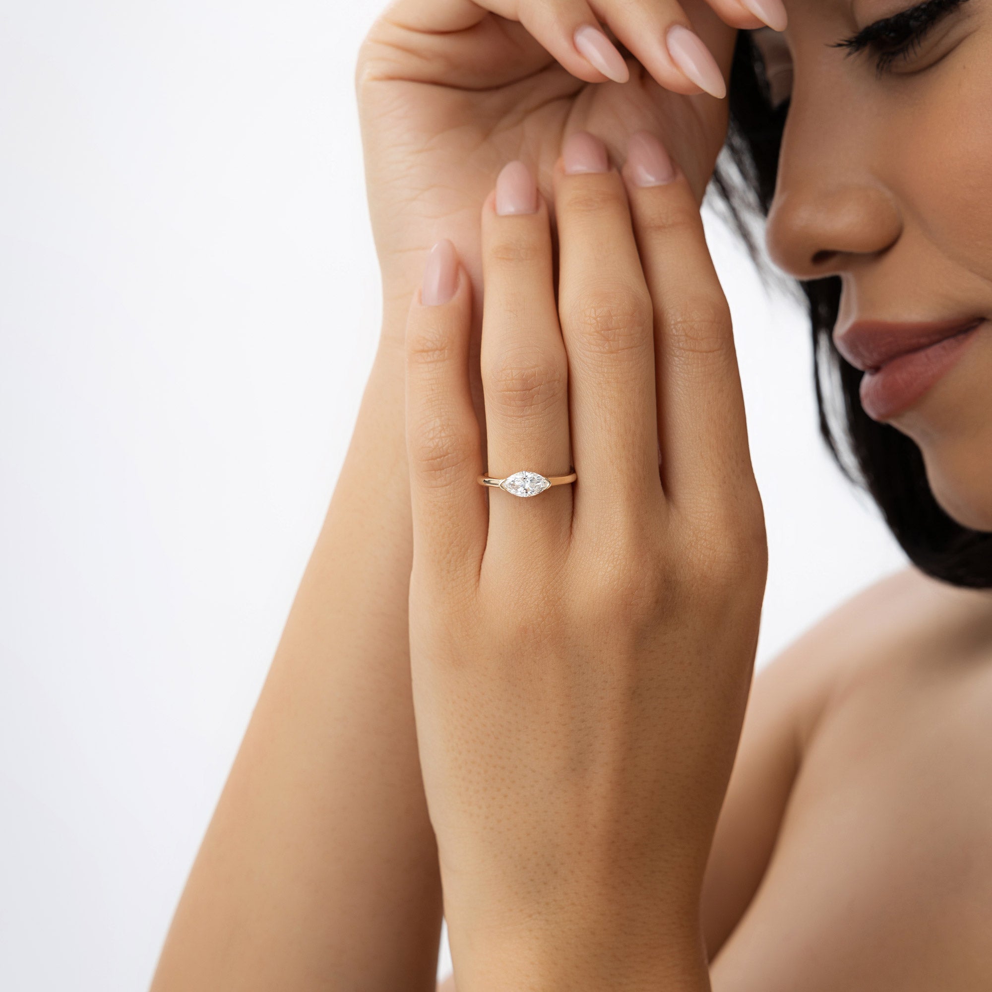 Marquise Shaped East West Prong Set Lab Diamond Engagement Ring