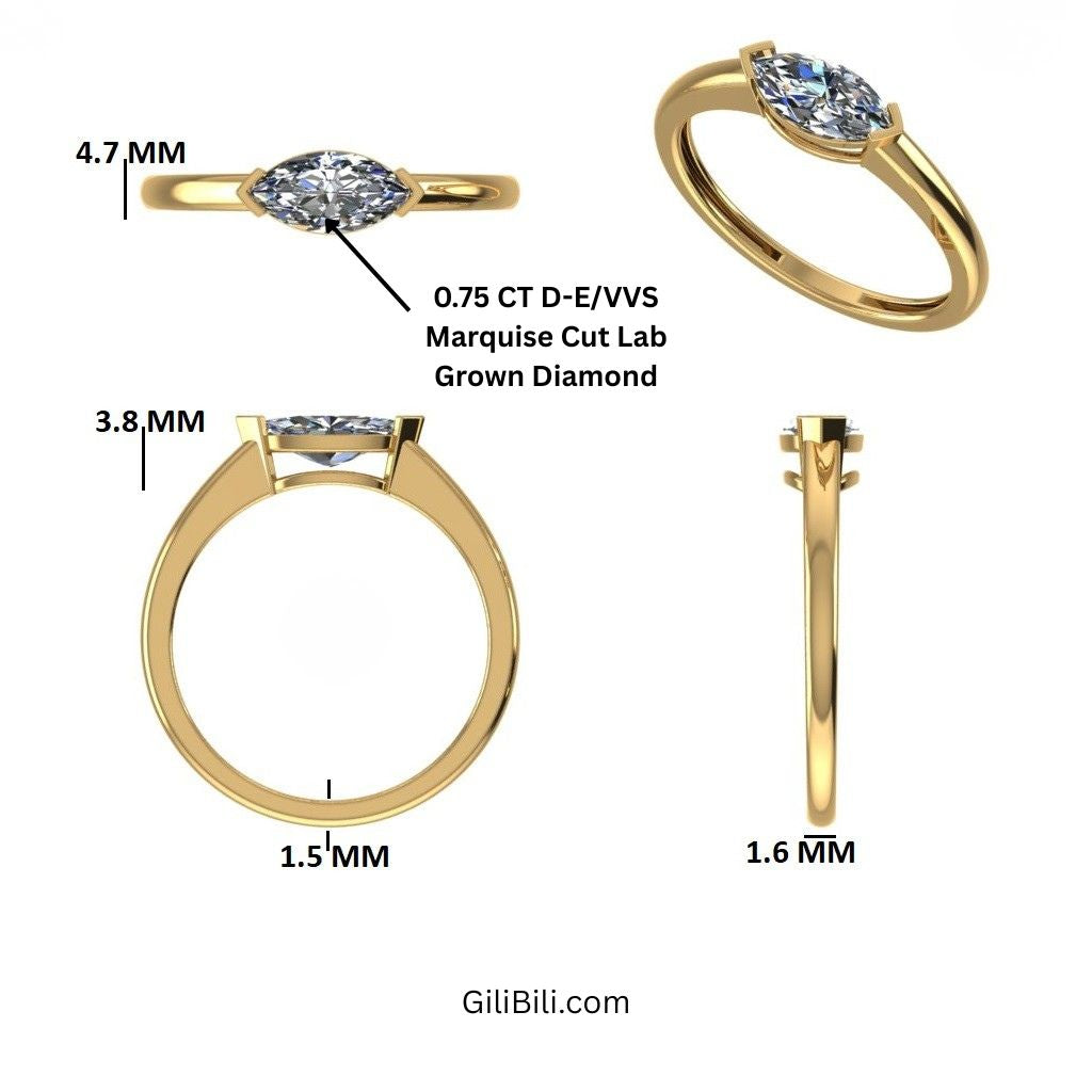 Marquise Shaped East West Prong Set Lab Diamond Engagement Ring