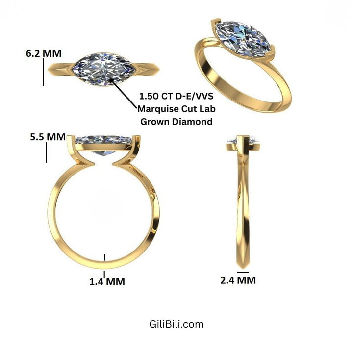 Marquise Shaped East West V Prong Diamond Engagement Ring