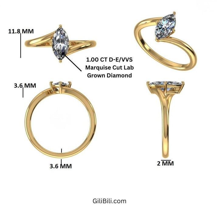Marquise Shaped Lab Grown Diamond Bypass Setting Engagement Ring