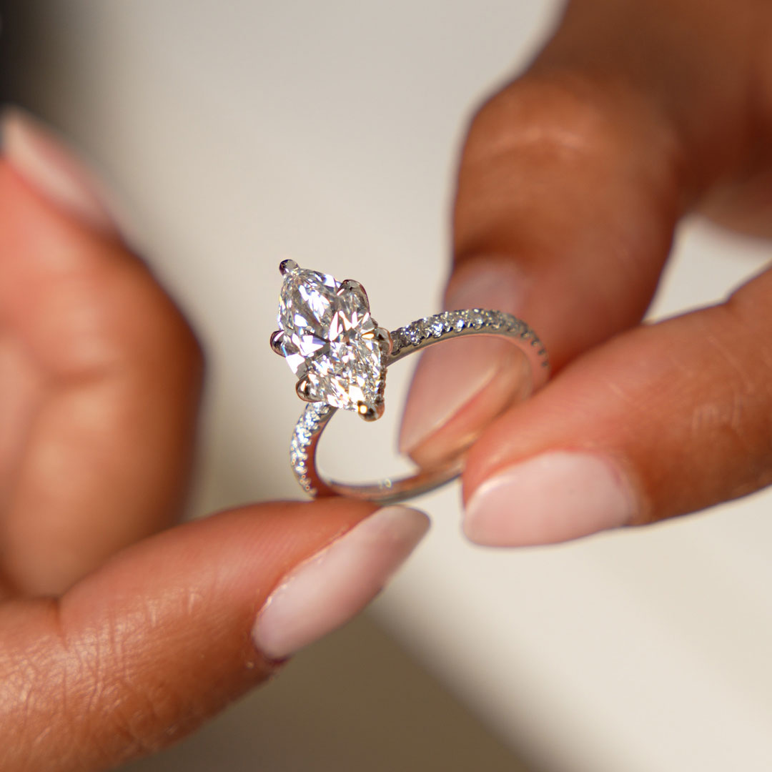 Marquise Shaped Lab Grown Diamond Pavé Setting with Hidden Halo