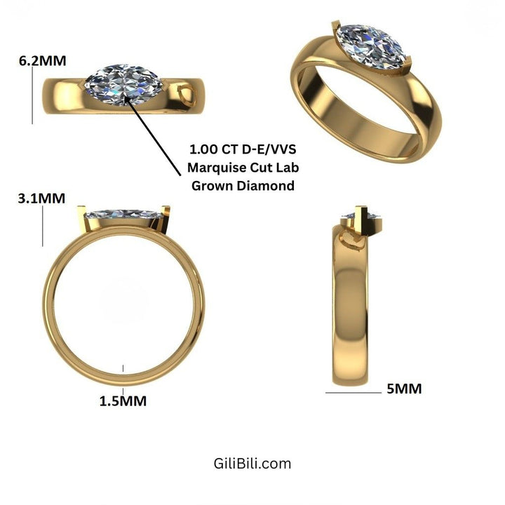 Marquise Shaped Lab Grown Diamond Solitaire Ring with Wide Band