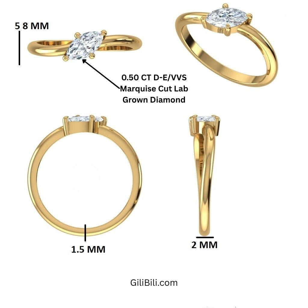 Marquise Shaped Lab Grown Diamond Wavy Ring