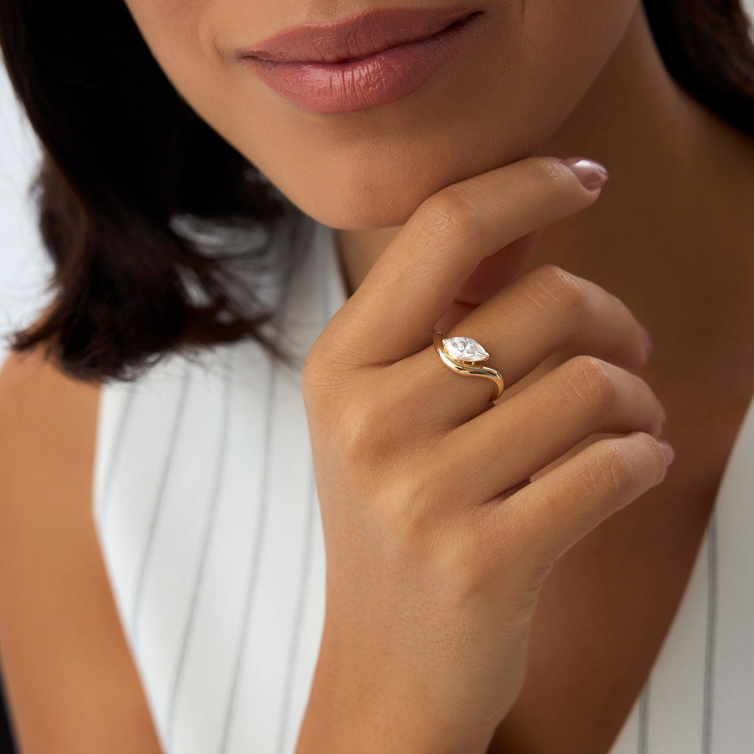 Marquise Shaped Modern Wavy Design Lab Diamond Engagement Ring