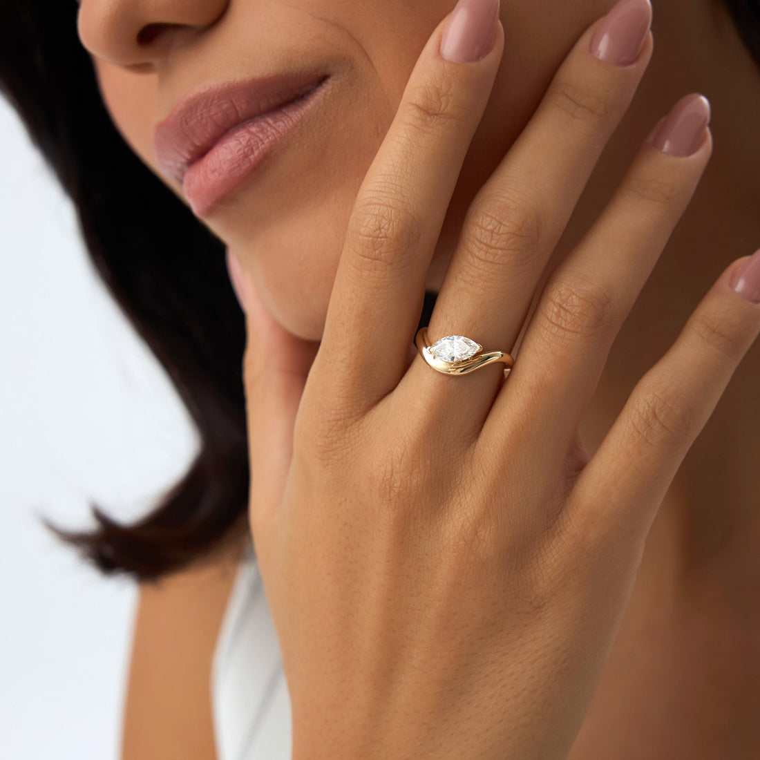 Marquise Shaped Modern Wavy Design Lab Diamond Engagement Ring