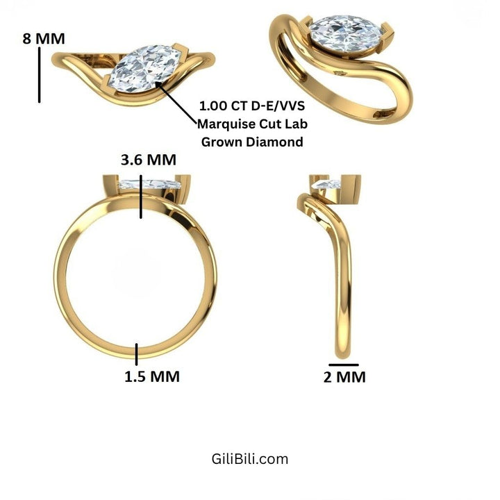 Marquise Shaped Modern Wavy Design Lab Diamond Engagement Ring